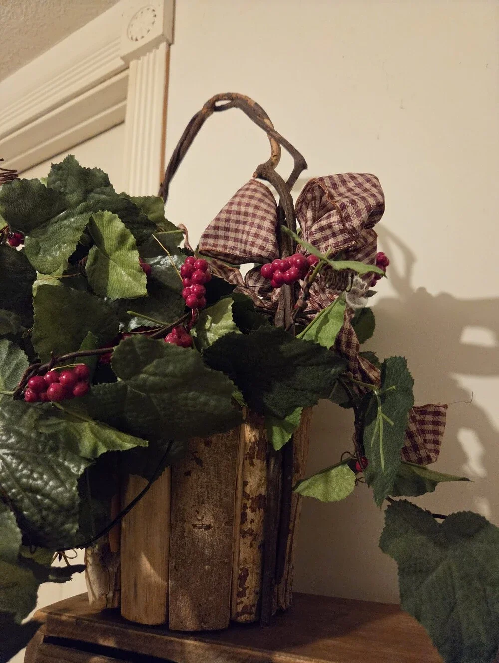 Decorative Red Berry and Greenery Basket Accent With Mini Lights BO